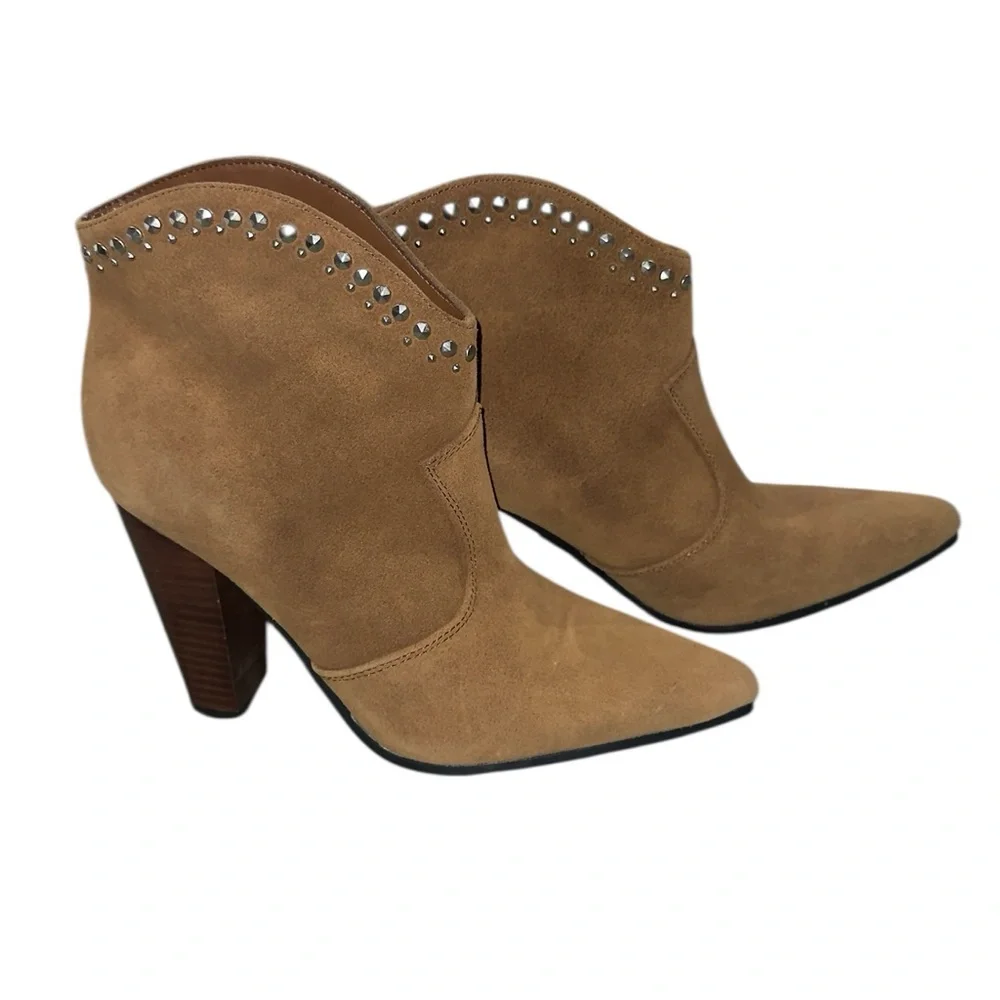 NEW $159 Nine West Women's SERA Ankle Boot Suede Leather Studded Brown 8.5